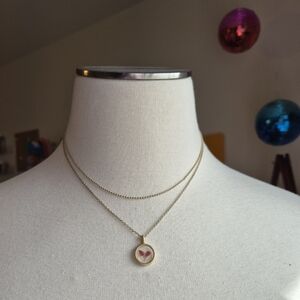 Gold Double-Layer Necklace with Pink Floral Pendant